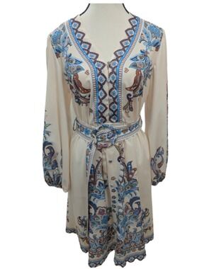Paisley Belted Fit & Flare Dress Blue Ivory Boho Long Sleeve Size M